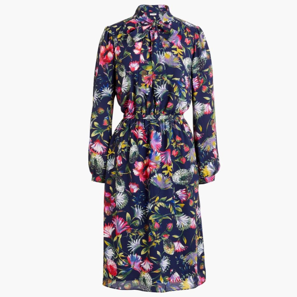 J. Crew long sleeve tie neck knee length dress‎ in navy floral retro size XS